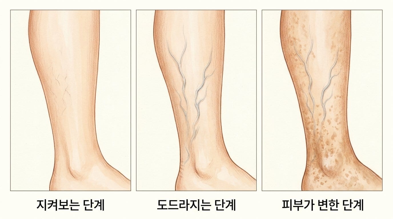 실핏줄 단계에서 혈관 돌출, 발목 색소침착까지 — 지켜봐도 되는 단계와 기준이 달라지는 단계를 나란히 비교한 자료화면