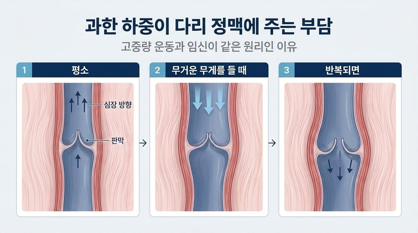 평소, 무거운 무게를 들 때, 그것이 반복될 때 다리 정맥 속 판막이 받는 부담을 세 단계로 나눠 그린 자료화면
