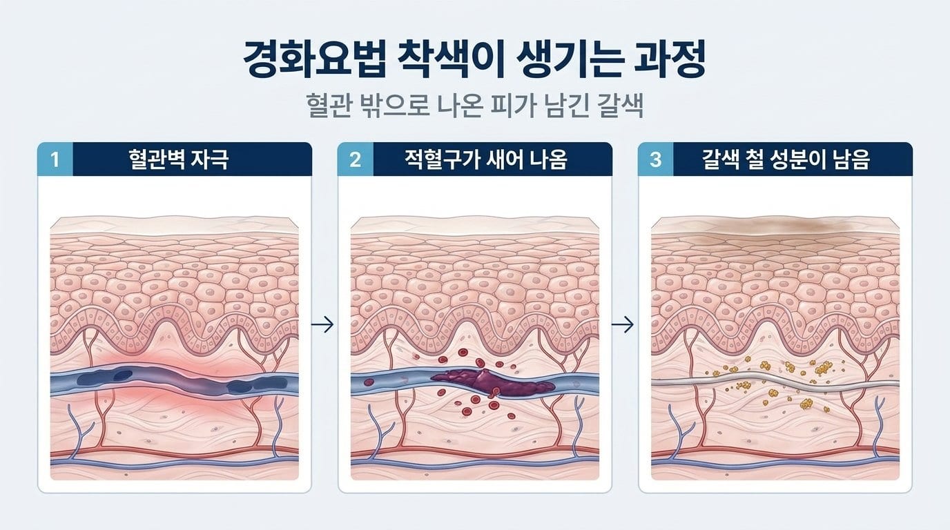 경화제가 혈관 벽을 자극하고, 혈관 밖으로 적혈구가 새어 나오고, 혈관이 막힌 뒤 진피에 갈색 철 성분이 남는 과정을 피부 단면 세 칸으로 보여주는 자료화면
