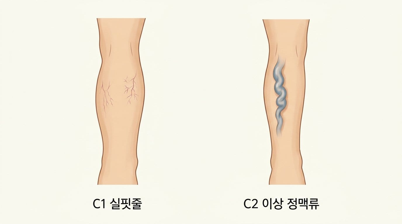 한쪽 다리에는 가는 실핏줄만 보이고 다른 다리에는 굵게 튀어나온 정맥류가 보이도록 나란히 그려 CEAP C1과 C2 이상을 비교한 자료화면