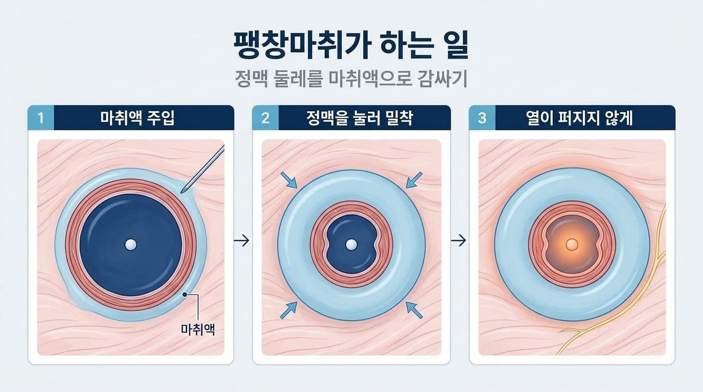 마취액을 넣고, 정맥을 눌러 기구에 밀착시키고, 열이 바깥으로 퍼지지 않게 막는 팽창마취의 세 단계를 정맥 단면으로 보여주는 자료화면