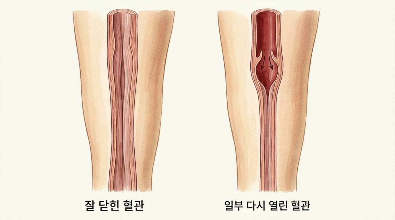 치료 후 잘 닫힌 정맥과, 일부 구간이 다시 열려 역류가 생긴 정맥의 단면을 나란히 놓고 수술 후 검진에서 무엇을 보는지 표현한 자료화면
