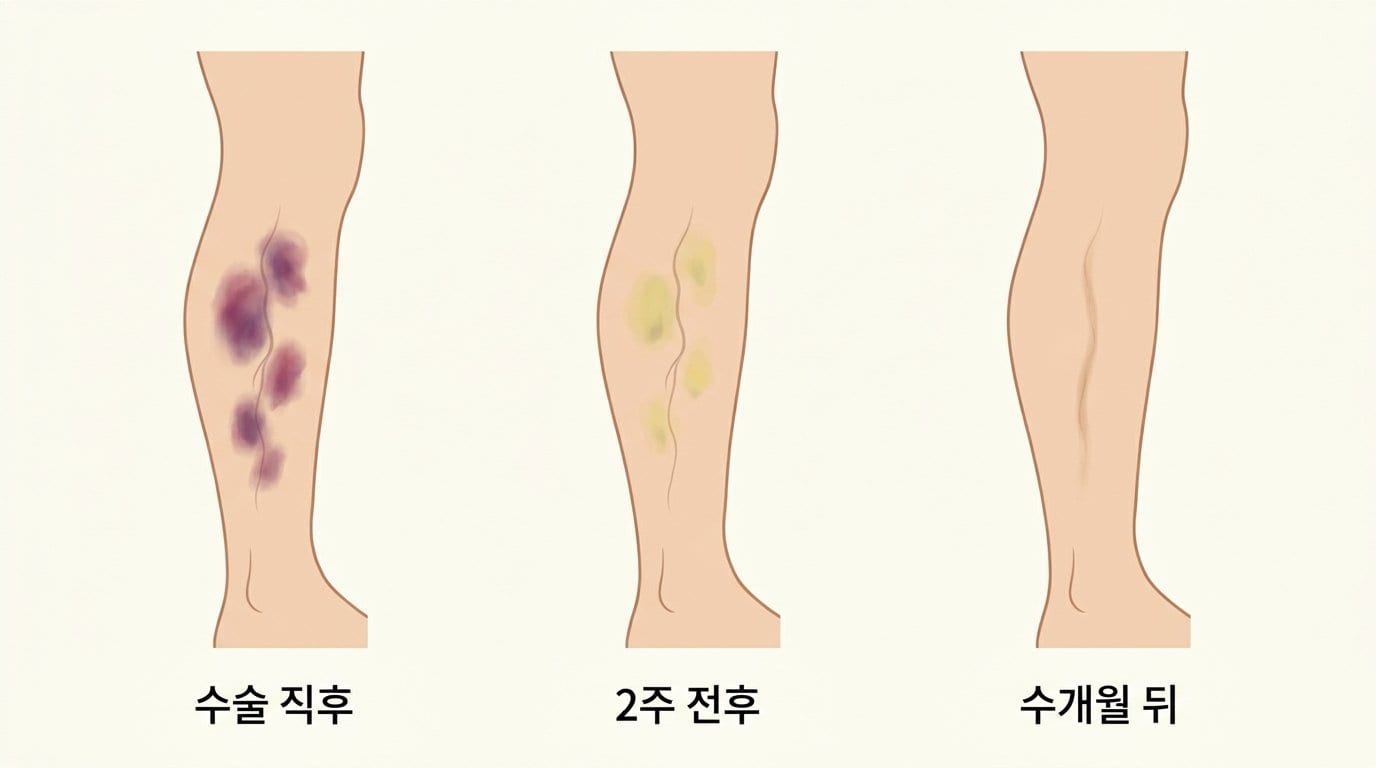 수술 직후의 보랏빛 멍이 2주 전후 노랗게 옅어지고 수개월 뒤 옅은 갈색 자국만 남는 경과를 종아리 그림 세 장으로 나타낸 자료화면