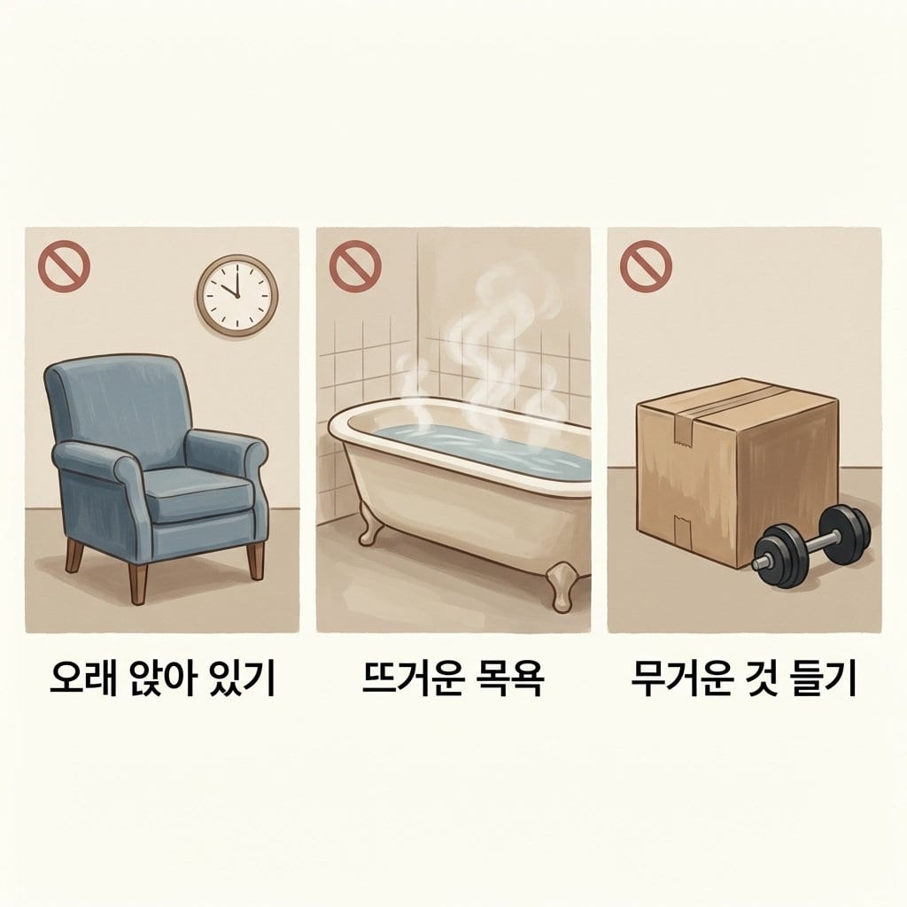하지정맥류 수술 후 피해야 할 세 가지 — 오래 앉아 있기, 뜨거운 물, 무거운 것 들기를 나타낸 자료화면