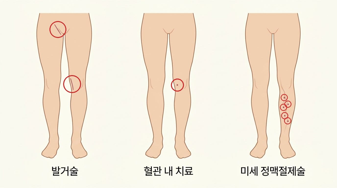 발거술의 절개 자국, 혈관 내 치료의 바늘 구멍 자국, 미세 정맥절제술의 작은 절개 자국을 다리 그림에 나란히 표시한 자료화면