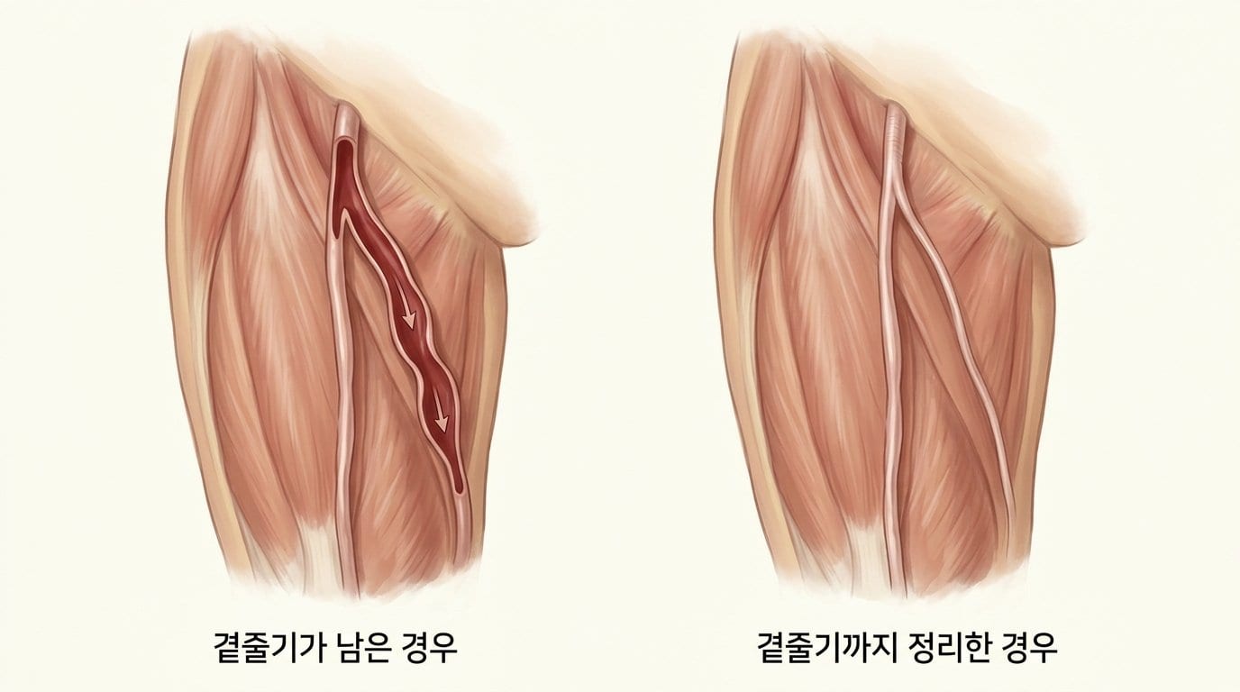 본줄기를 막았어도 곁가지가 남은 경우와 곁가지까지 정리한 경우를 나란히 놓고, 처음 수술의 치료 범위 차이를 보여주는 자료화면