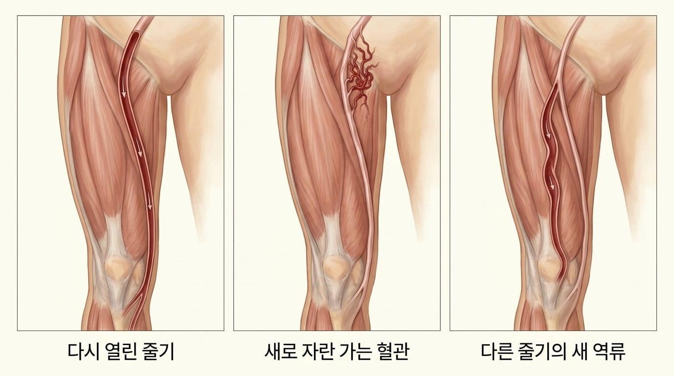 재발한 하지정맥류를 다시 열린 줄기, 새로 자란 가는 혈관, 다른 줄기의 새 역류로 나눠 보여주는 자료화면