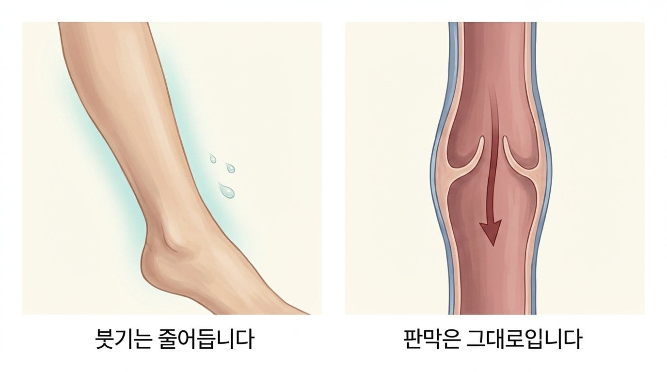 왼쪽에는 붓기가 가라앉은 종아리, 오른쪽에는 판막이 벌어진 채 남아 있는 정맥 단면을 나란히 놓아 정맥순환개선제가 바꾸는 것과 바꾸지 못하는 것을 보여주는 자료화면