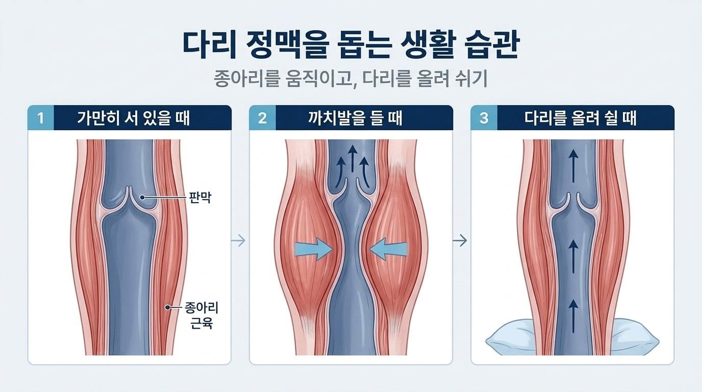 가만히 서 있을 때, 까치발을 들 때, 다리를 올려 쉴 때 다리 정맥 속 피의 흐름이 어떻게 달라지는지 세 장면으로 비교한 자료화면