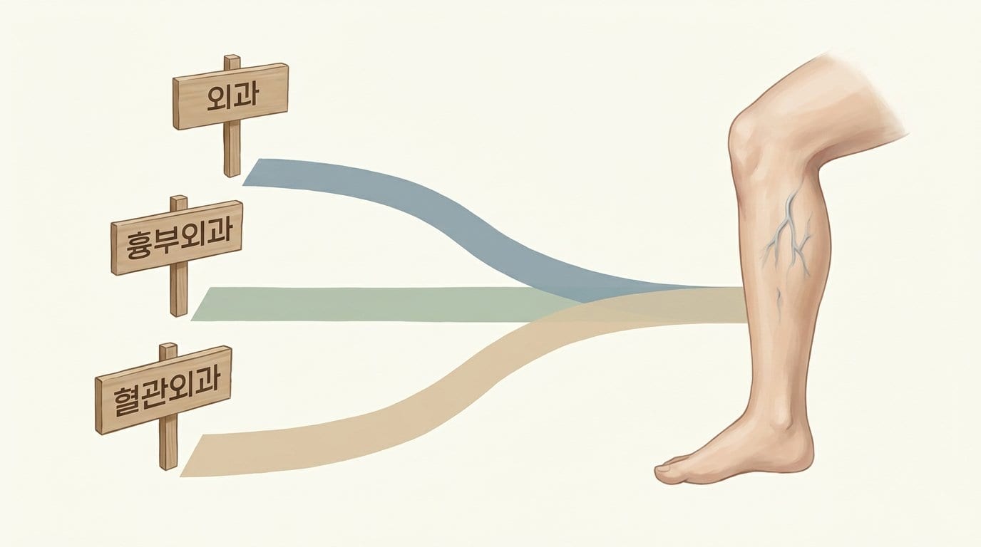 외과, 흉부외과, 혈관외과 세 갈래의 표지판이 하나의 다리 정맥 진료로 모이는 모습을 그린 자료화면