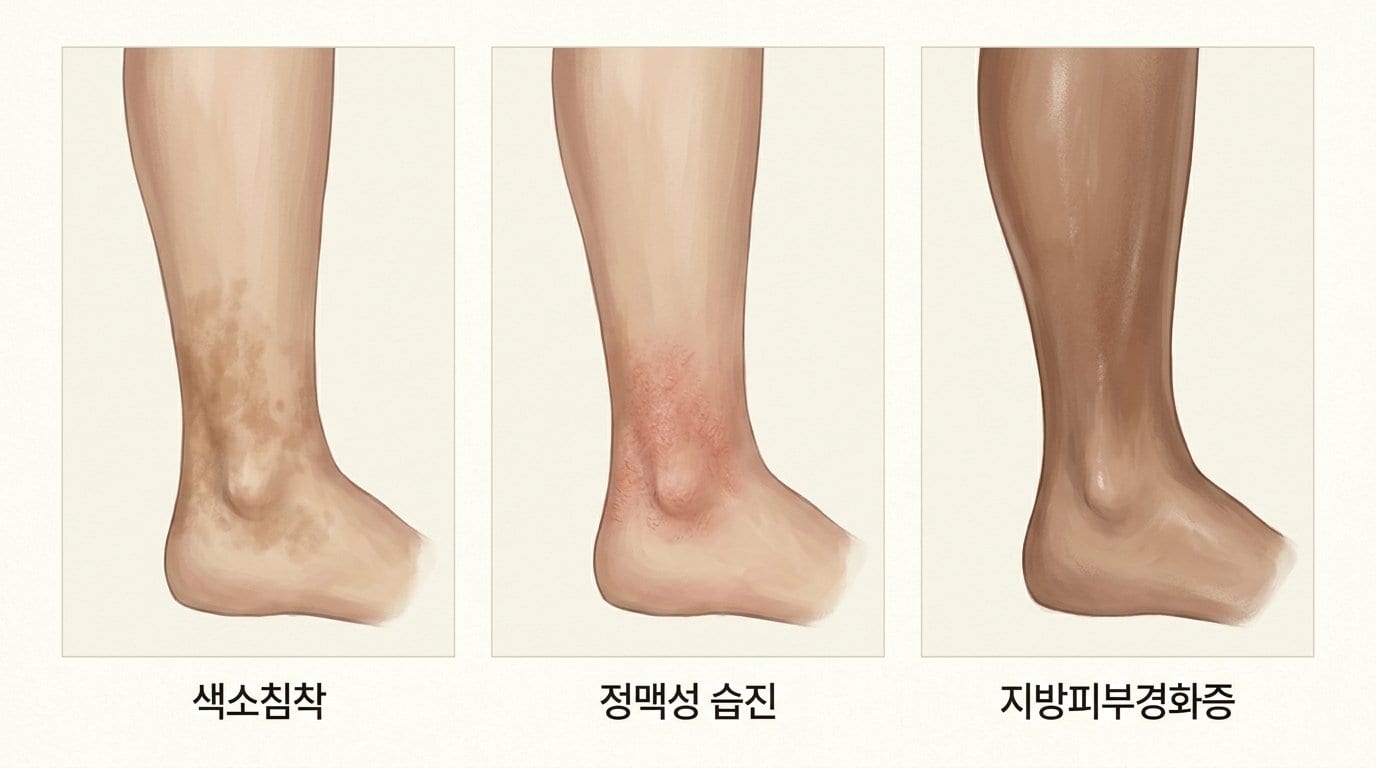 발목 안쪽의 갈색 색소침착, 붉고 각질이 이는 정맥성 습진, 피부가 단단해지는 지방피부경화증을 세 칸으로 나란히 보여주는 자료화면